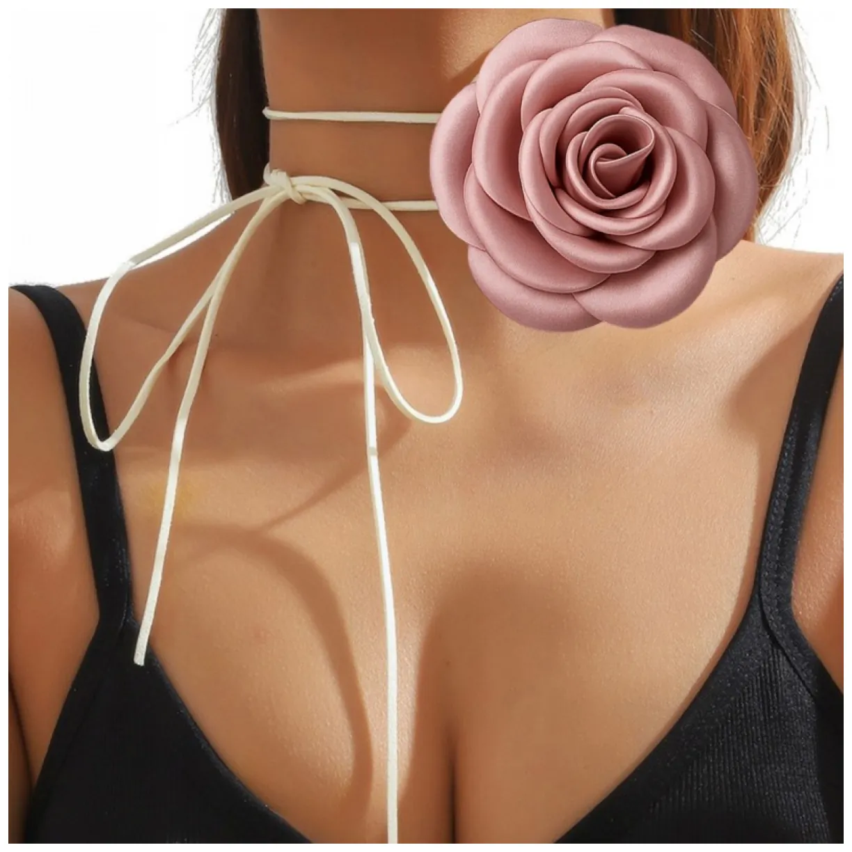 Naszyjnik choker XL ozdobny kwiat na szyję róża na rzemyku elegancka pudrowa N761R - obrazek 5