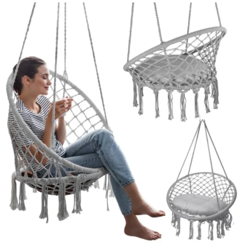 Fotel wiszący bocianie gniazdo hamak BOHO, huśtawka z poduszką Szara