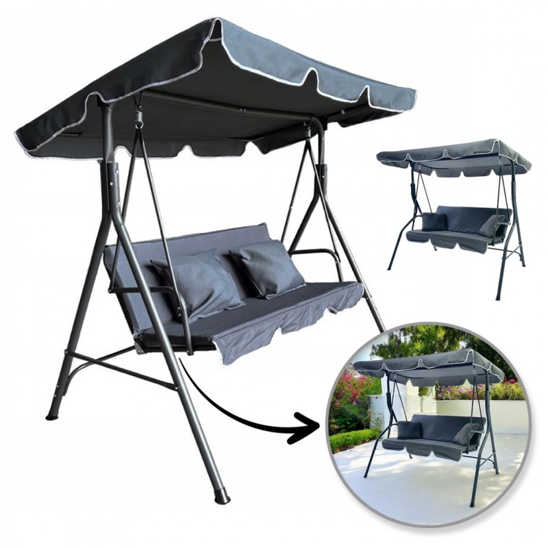 Huśtawka ogrodowa 3-osobowa z baldachimem i 2 poduszkami, grafitowa HO01