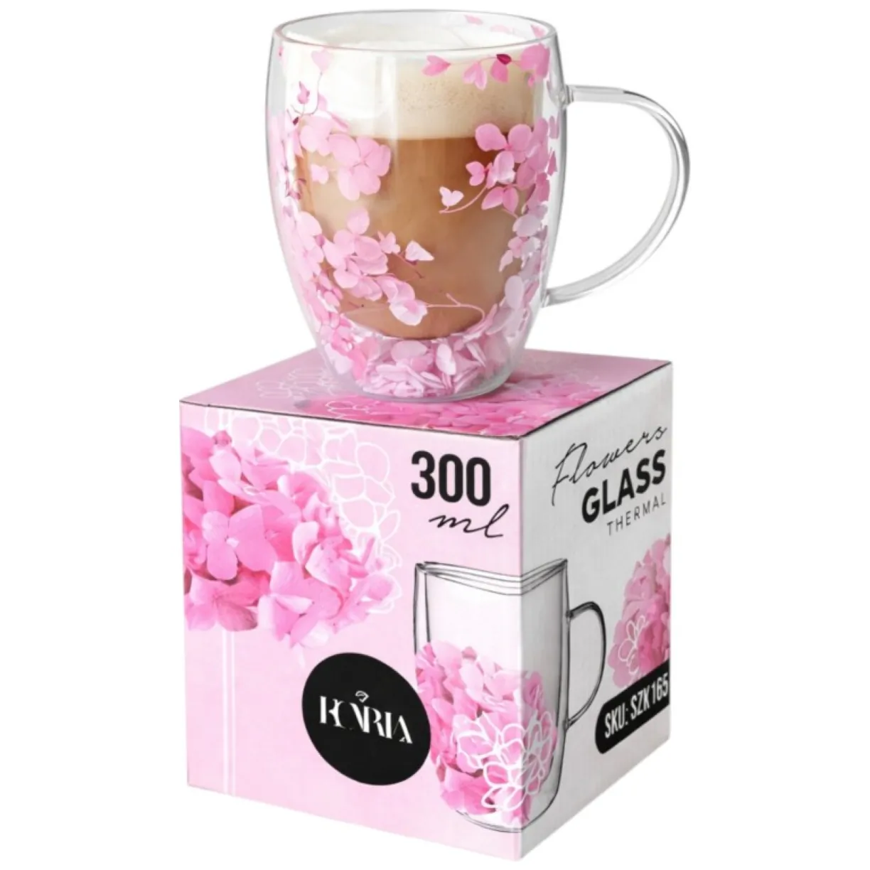 Szklanka termiczna z kwiatami w środku, gipsówka hortensje róż 300 ml 1szt SZK165 - obrazek 3