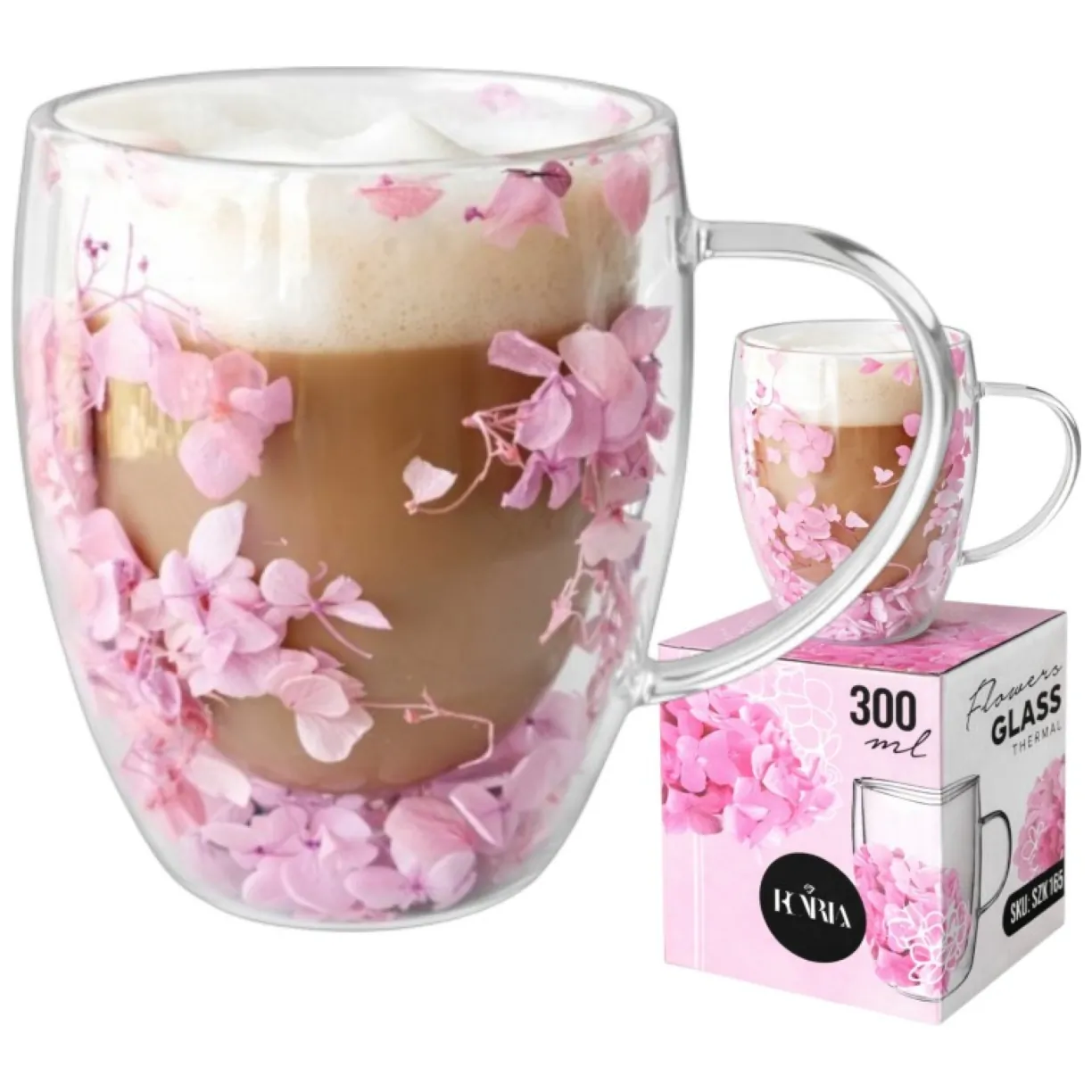 Szklanka termiczna z kwiatami w środku, gipsówka hortensje róż 300 ml 1szt SZK165