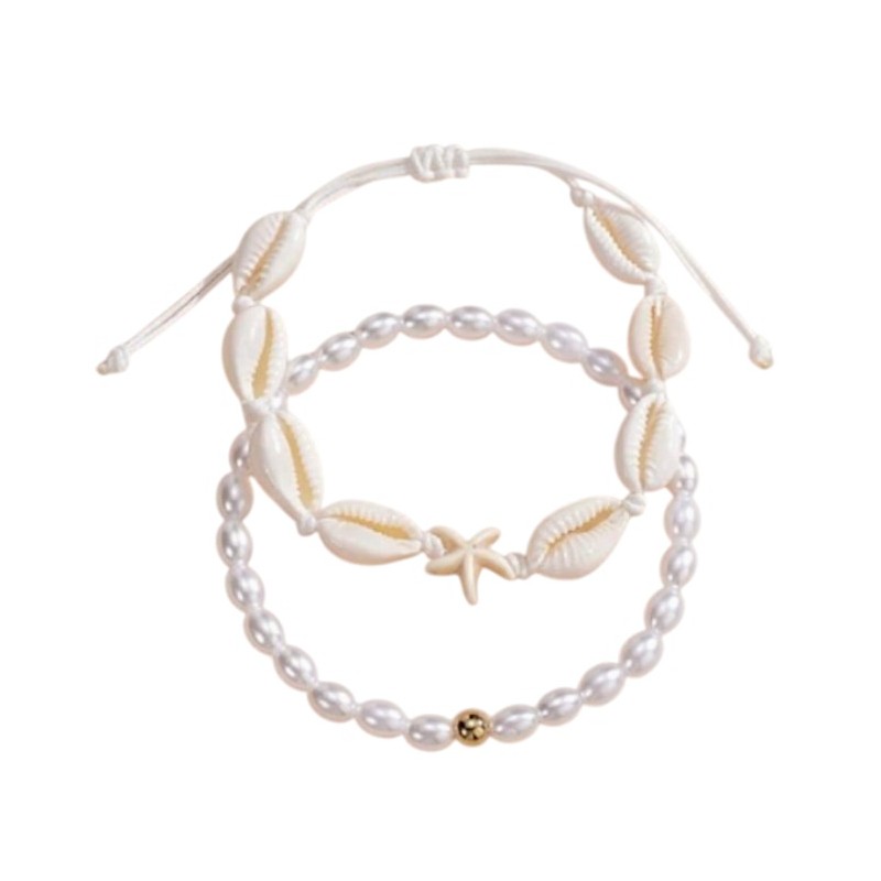 Bransoletka 2w1 na stopę MUSZELKI na sznurku, rozgwiazda PEREŁKI B544 - obrazek 3