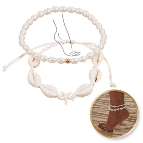 Bransoletka 2w1 na stopę MUSZELKI na sznurku, rozgwiazda PEREŁKI B544