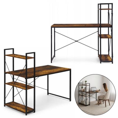 Loftowe biurko komputerowe z regałem, półkami, 120 x 60cm, czarne, brązowy blat  STL24BR