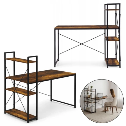 Loftowe biurko komputerowe z regałem, półkami, 120 x 60cm, czarne, brązowy blat  STL24BR