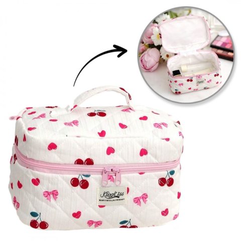 Kosmetyczka damska pikowana kuferek wisienki, kokardki 16 x 16 x 25 cm KS150