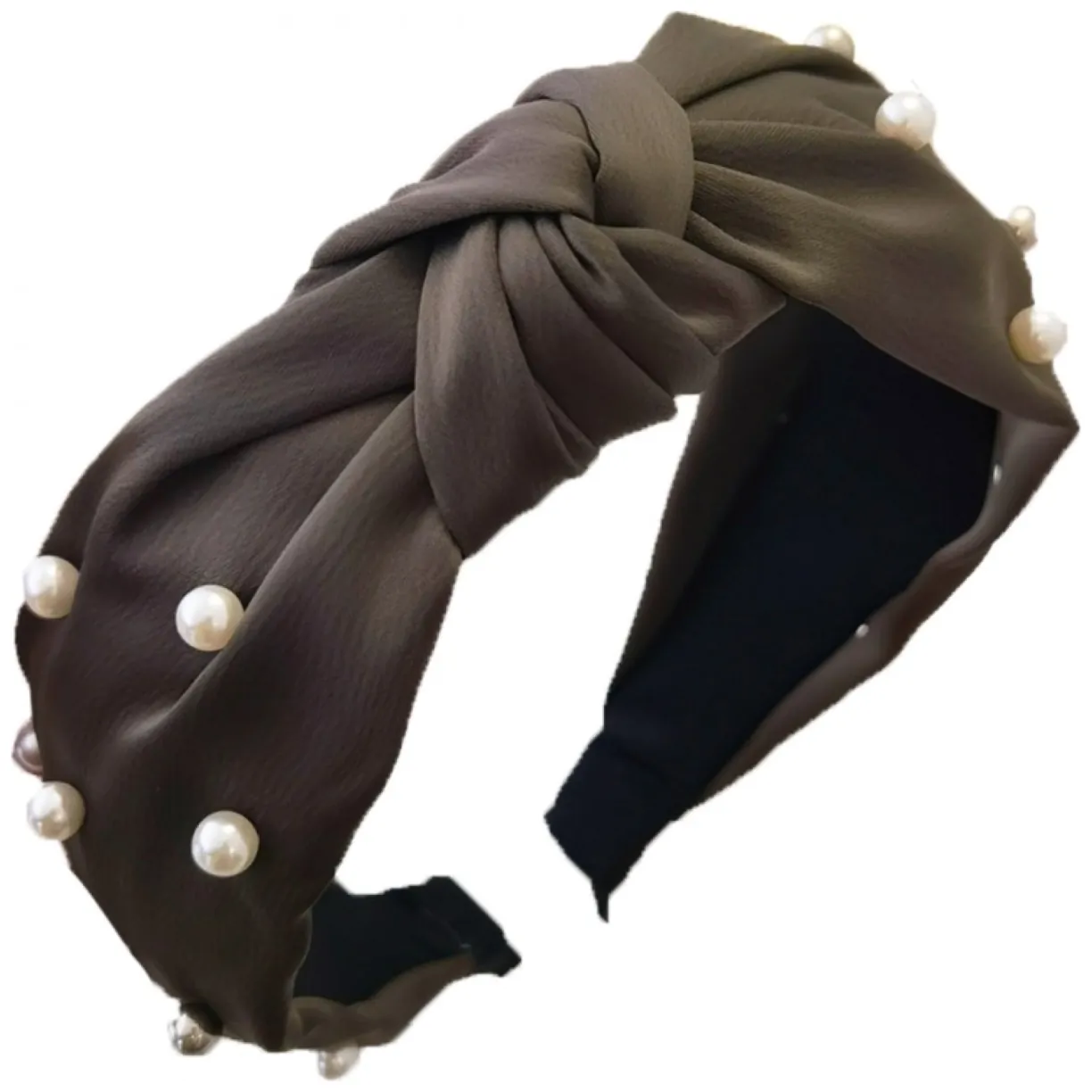 Opaska turban z materiału gruba perełki khaki O227BR