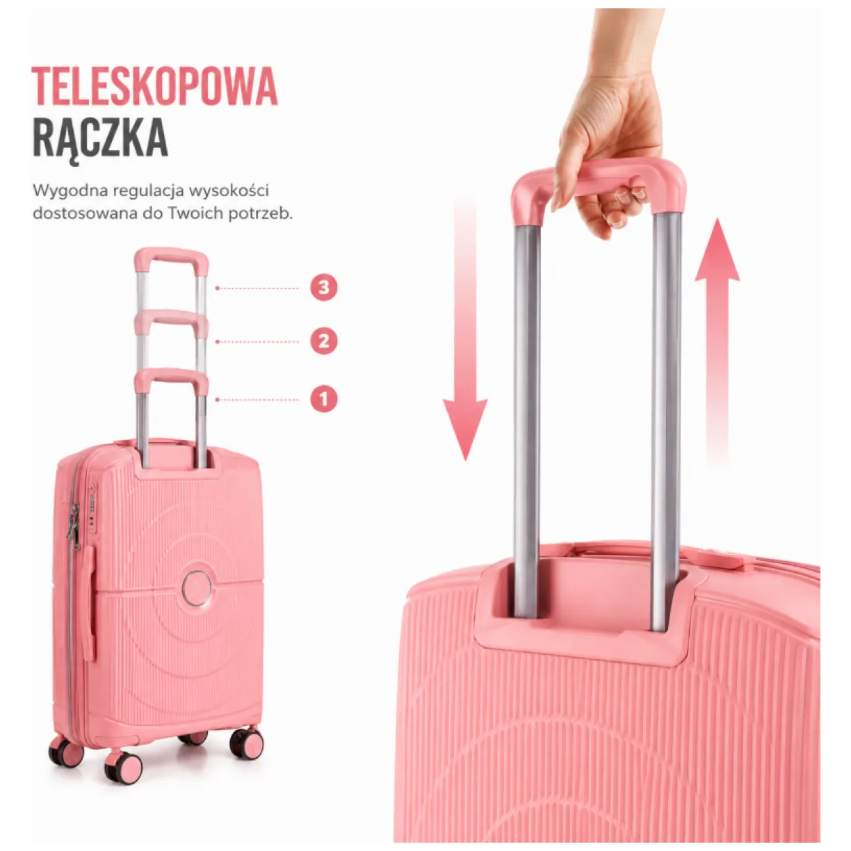Zestaw 3w1 walizek podróżnych, kółka 360, lekkie a wytrzymałe, PP, na szyfr, premium róż - obrazek 5
