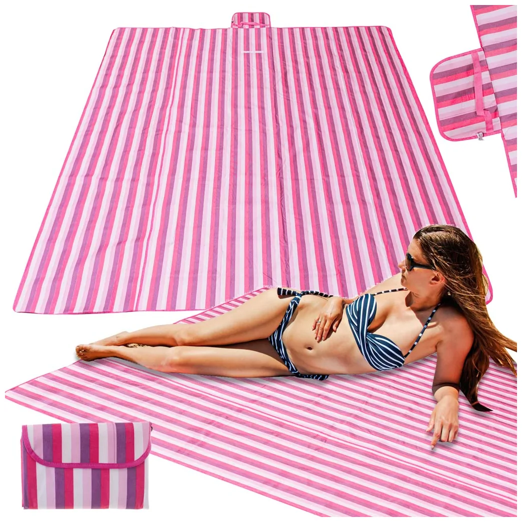 Mata plażowa wodoodporna koc piknikowy plażowy składany torba XXL 200x200cm różowa - obrazek 8