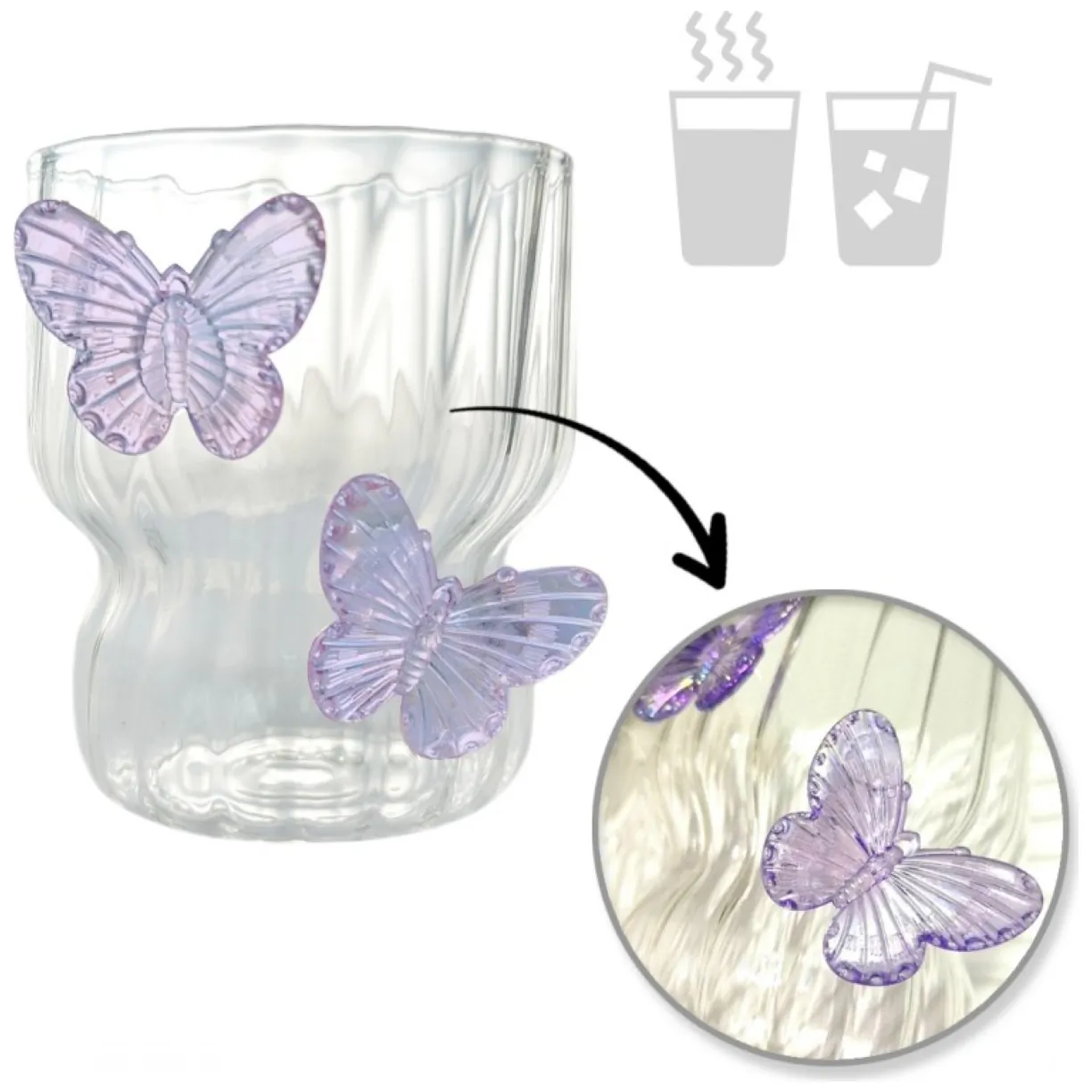 Szklanka ryflowana, z falowanymi ściankami, MOTYLKI fiolet 260 ml 1szt SZK162