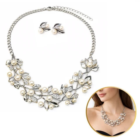 Elegancki Zestaw Biżuterii Naszyjnik + kolczyki z Perłami i Kryształami, Listki srebrne N1072