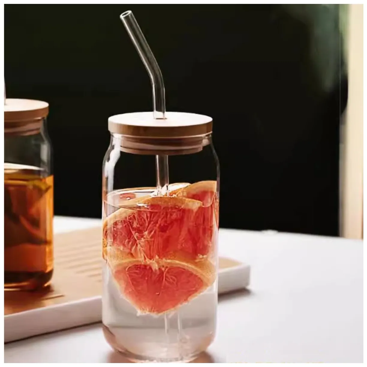 Szklanka 350ml z rurka i drewnianą przykrywka 1szt. do kawy, koktajli SZK210 - obrazek 3