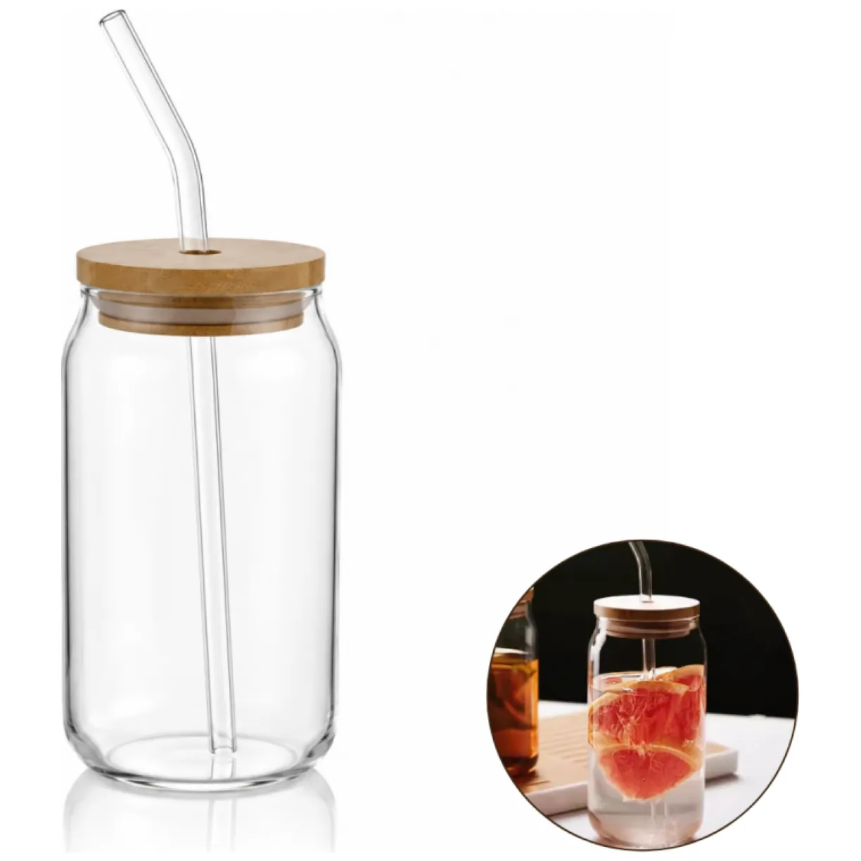 Szklanka 350ml z rurka i drewnianą przykrywka 1szt. do kawy, koktajli SZK210