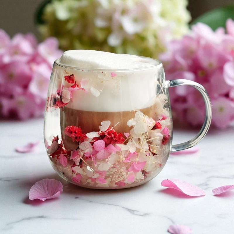 Szklanka termiczna z kwiatami w środku, gipsówka hortensje róż 350 ml 1szt SZK182 - obrazek 2