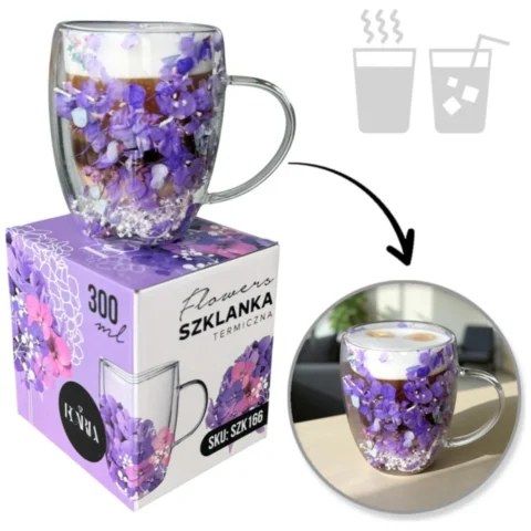 Szklanka termiczna z kwiatami w środku, gipsówka hortensje 300 ml 1szt SZK166