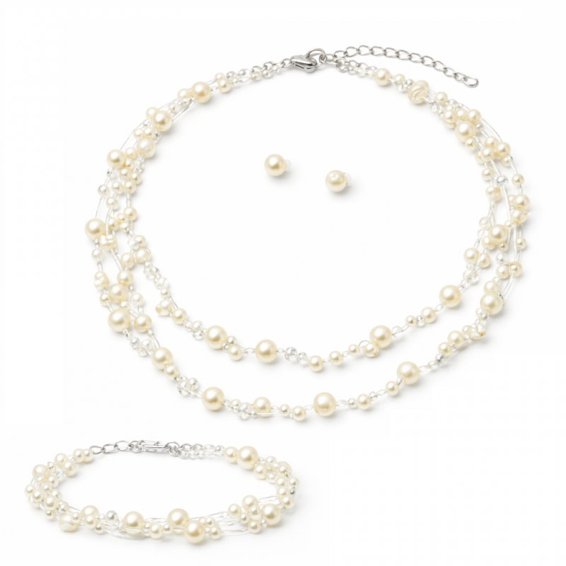 Delikatny zestaw ślubny z perłami, naszyjnik, bransoletka, kolczyki N1074 - obrazek 3