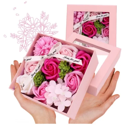 Bukiet zapachowych kwiatów mydlanych w ozdobnym pudełku, flower box BUK02R