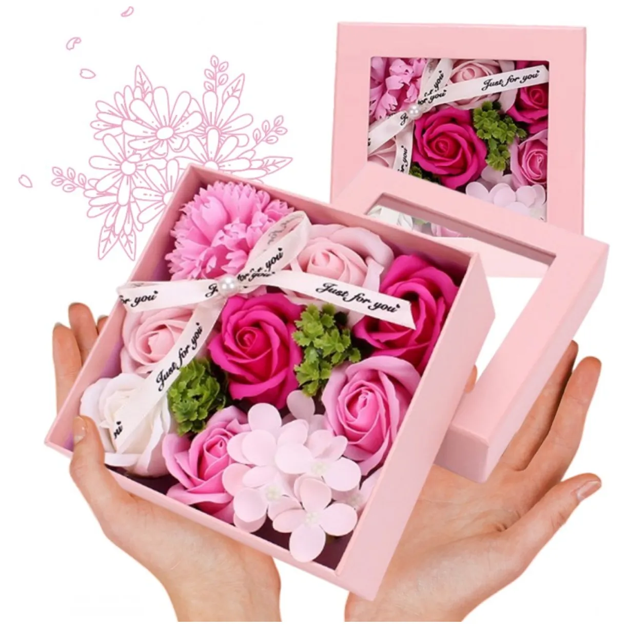 Bukiet zapachowych kwiatów mydlanych w ozdobnym pudełku, flower box BUK02R