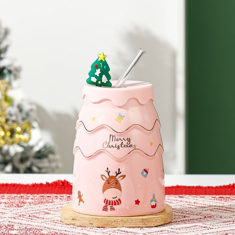 KUBEK ŚWIĄTECZNY - zestaw z silikonową pokrywką i rurką 400ml, różowy KB06R - obrazek 3