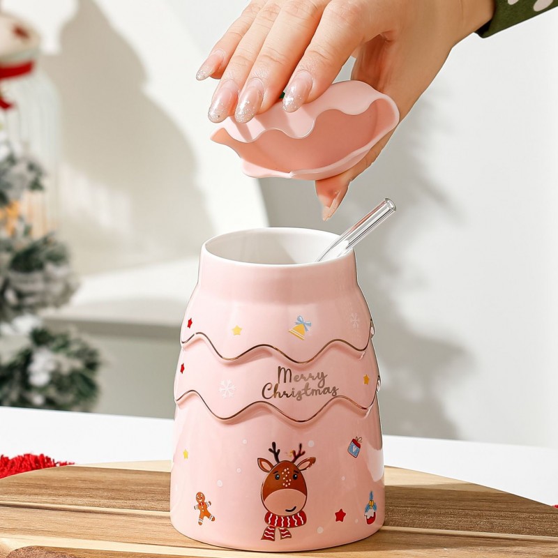 KUBEK ŚWIĄTECZNY - zestaw z silikonową pokrywką i rurką 400ml, różowy KB06R - obrazek 4