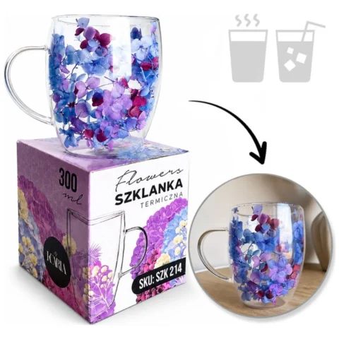 Szklanka termiczna z kwiatami w środku 300ml 1szt, pełna hortensji, niebieski bordo