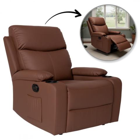 Fotel, sofa rozkładana jednoosobowa VERO z uchwytem na napój, ekoskóra brąz SOF01BR
