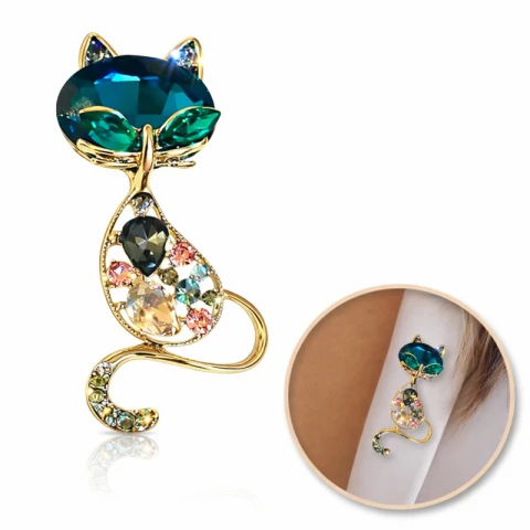 Broszka ozdobna kryształki niebieski i zielony KOTEK BZ173