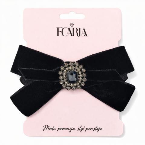 Gumka do włosów frotka, welurowa KOKARDA czarna z cyrkoniami GUM188