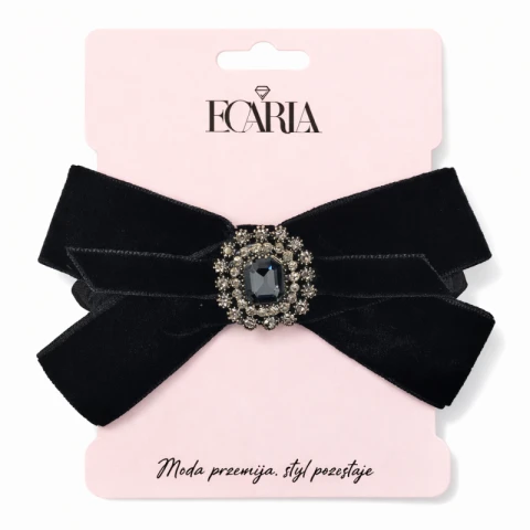 Gumka do włosów frotka, welurowa KOKARDA czarna z cyrkoniami GUM188
