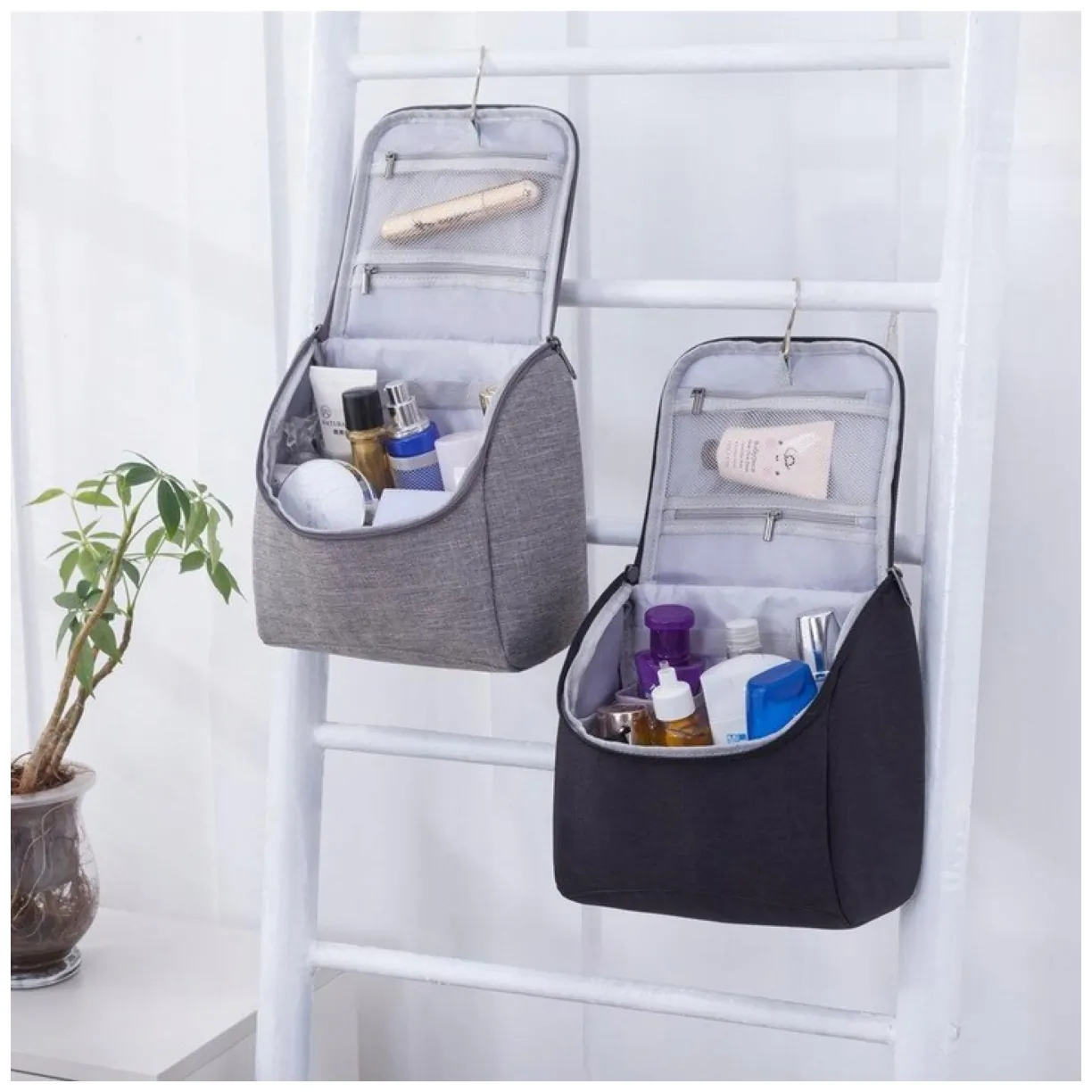 Rozkładana kosmetyczka podróżna 21x21x11,5 cm z haczykiem - pojemny organizer - obrazek 3