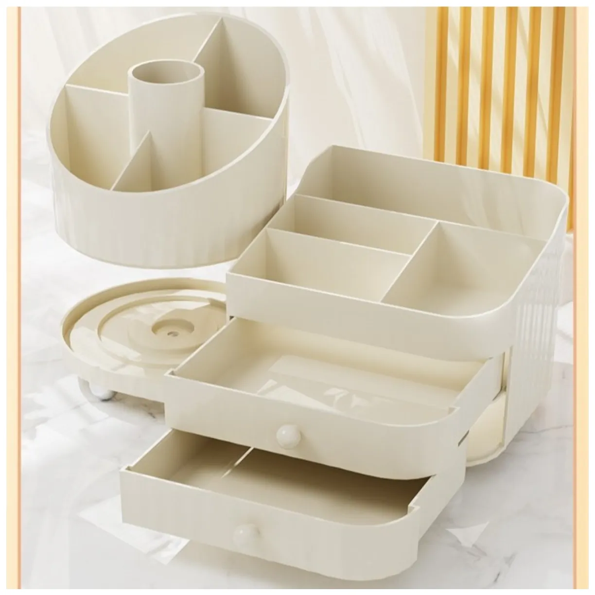 Organizer na pędzle, kosmetyki, obrotowy z szufladkami, kremowy 31 x 14,5 x 11,6 cm CB66 - obrazek 3