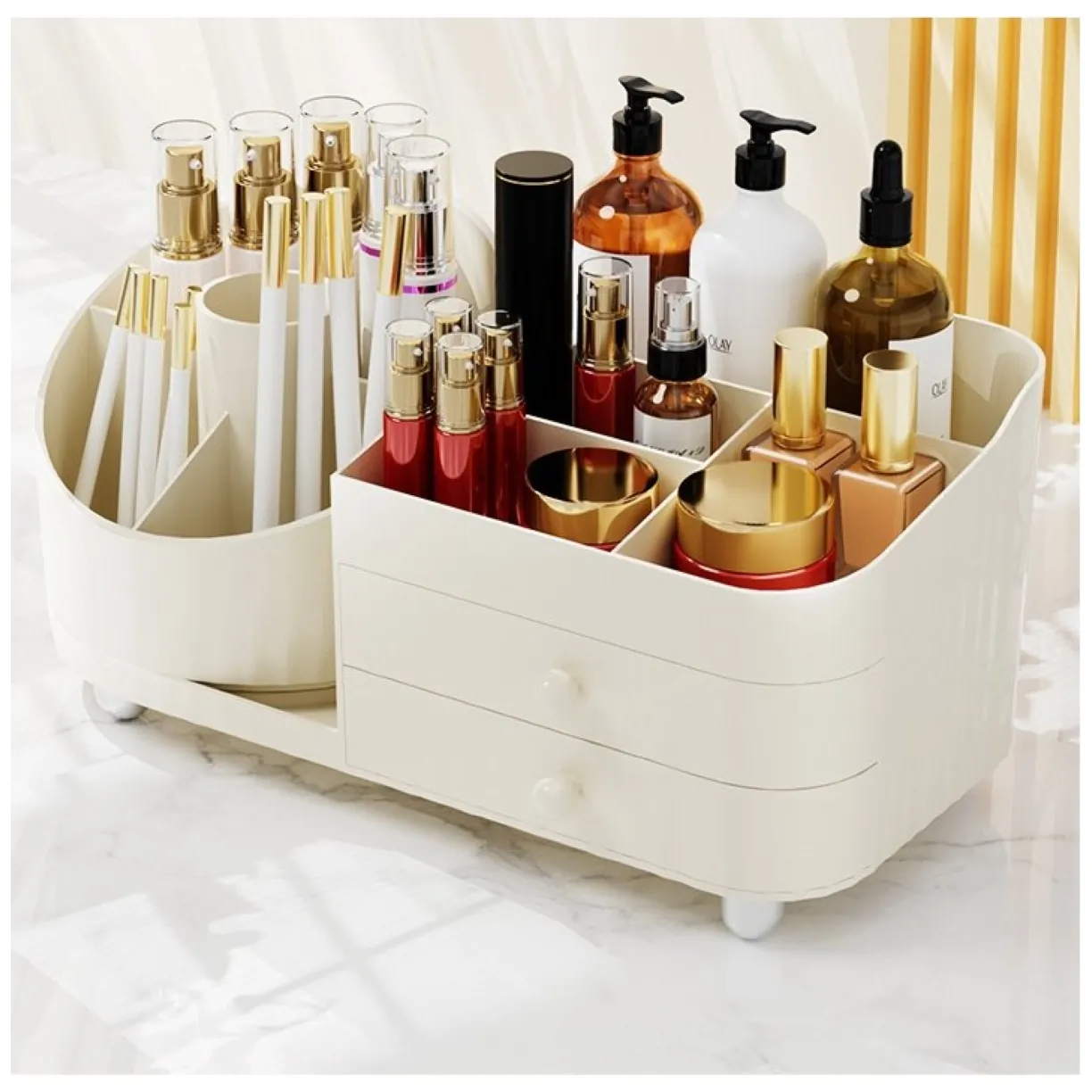 Organizer na pędzle, kosmetyki, obrotowy z szufladkami, kremowy 31 x 14,5 x 11,6 cm CB66 - obrazek 5