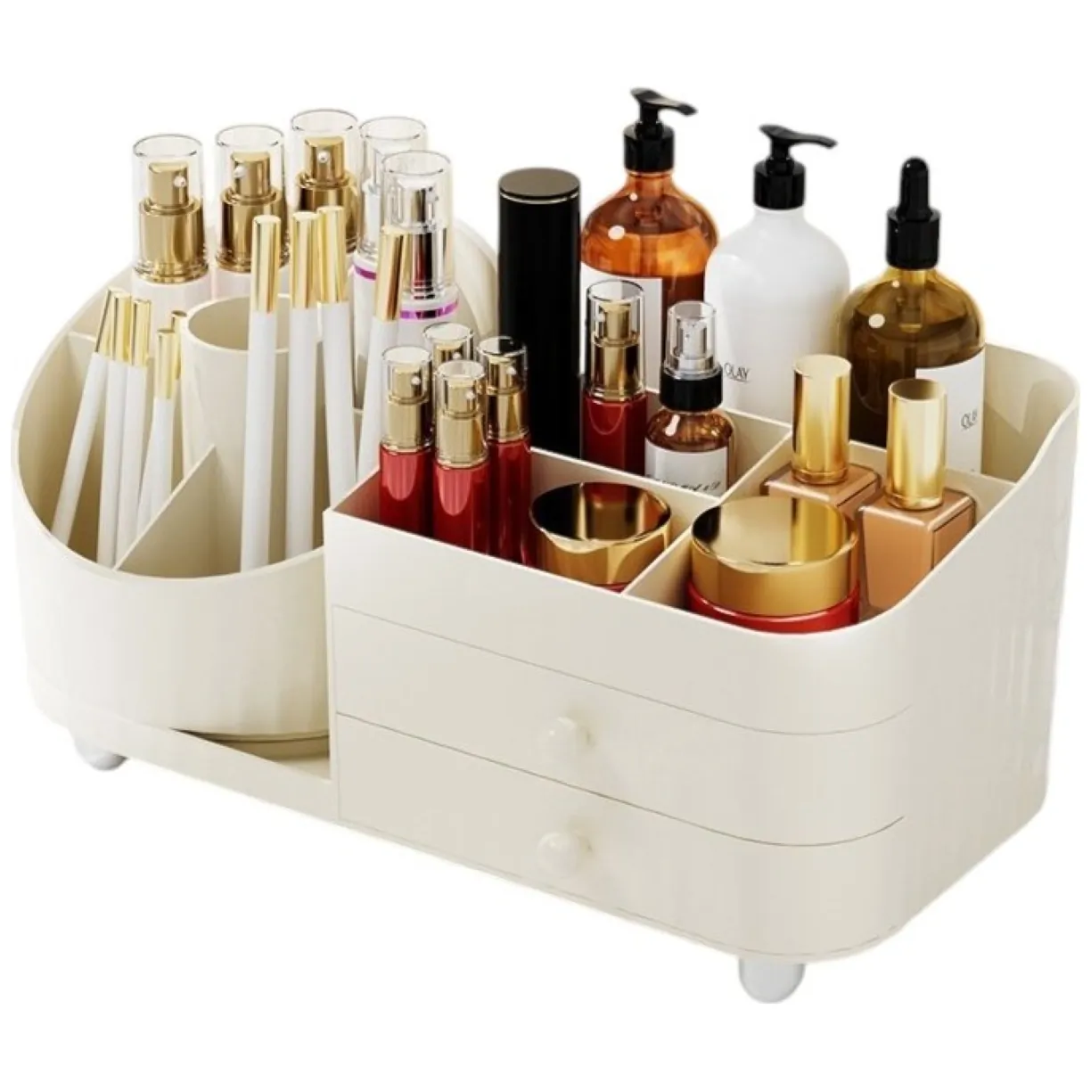 Organizer na pędzle, kosmetyki, obrotowy z szufladkami, kremowy 31 x 14,5 x 11,6 cm CB66