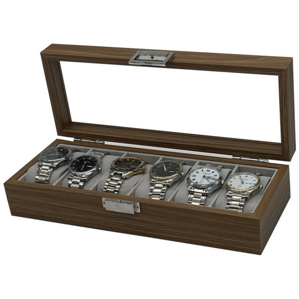 Szkatułka na 6 zegarków, etui, organizer zamykany ze szkłem 31x12x7,5cm PDMDF04 - obrazek 3