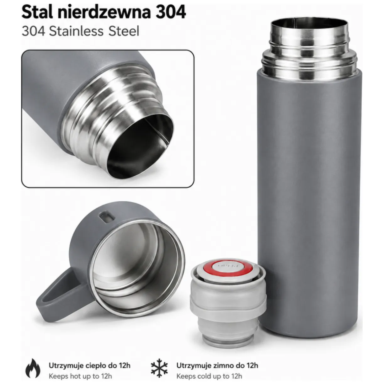 TERMOS turystyczny z kubkiem, szczelny, stal nierdzewna szary 500ml - obrazek 8