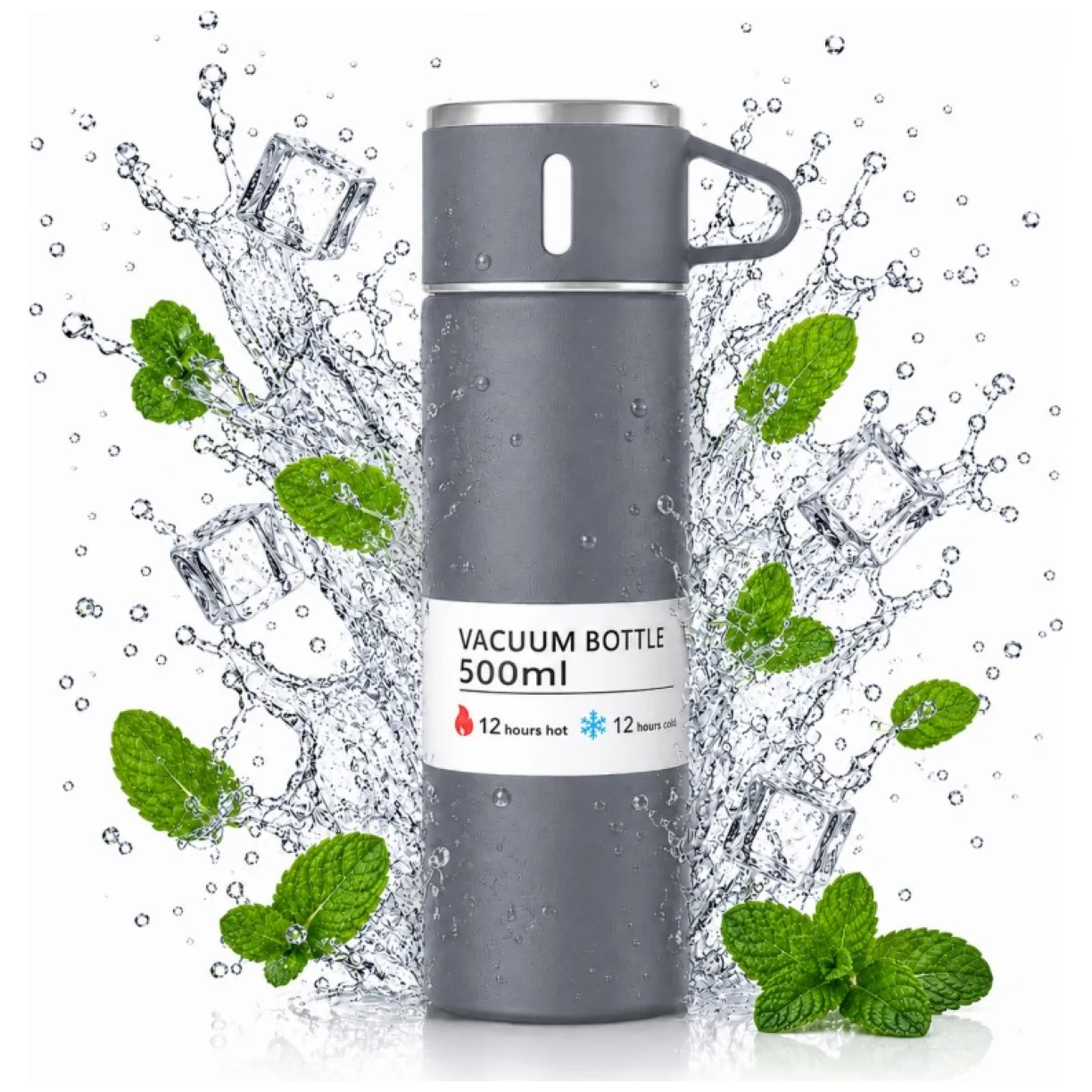TERMOS turystyczny z kubkiem, szczelny, stal nierdzewna szary 500ml