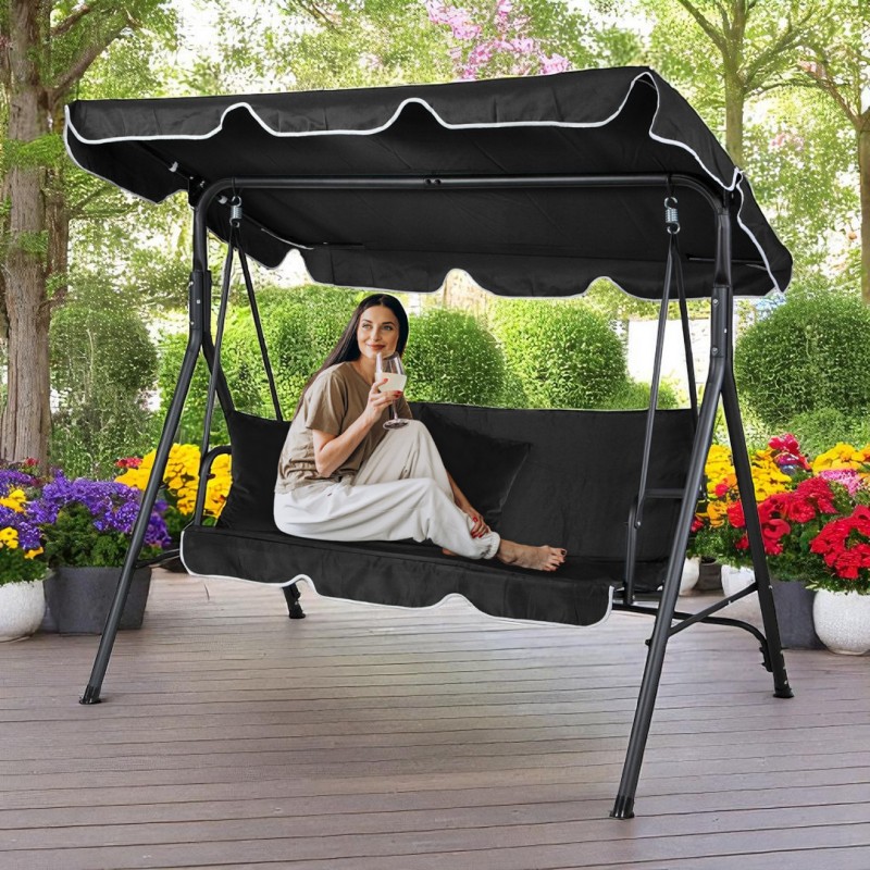 Huśtawka ogrodowa 3-osobowa z baldachimem i 2 poduszkami, czarna HO01CZ - obrazek 2
