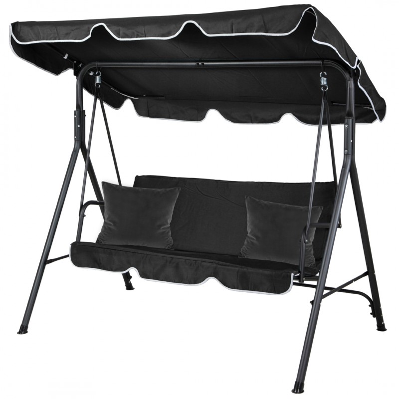Huśtawka ogrodowa 3-osobowa z baldachimem i 2 poduszkami, czarna HO01CZ - obrazek 4