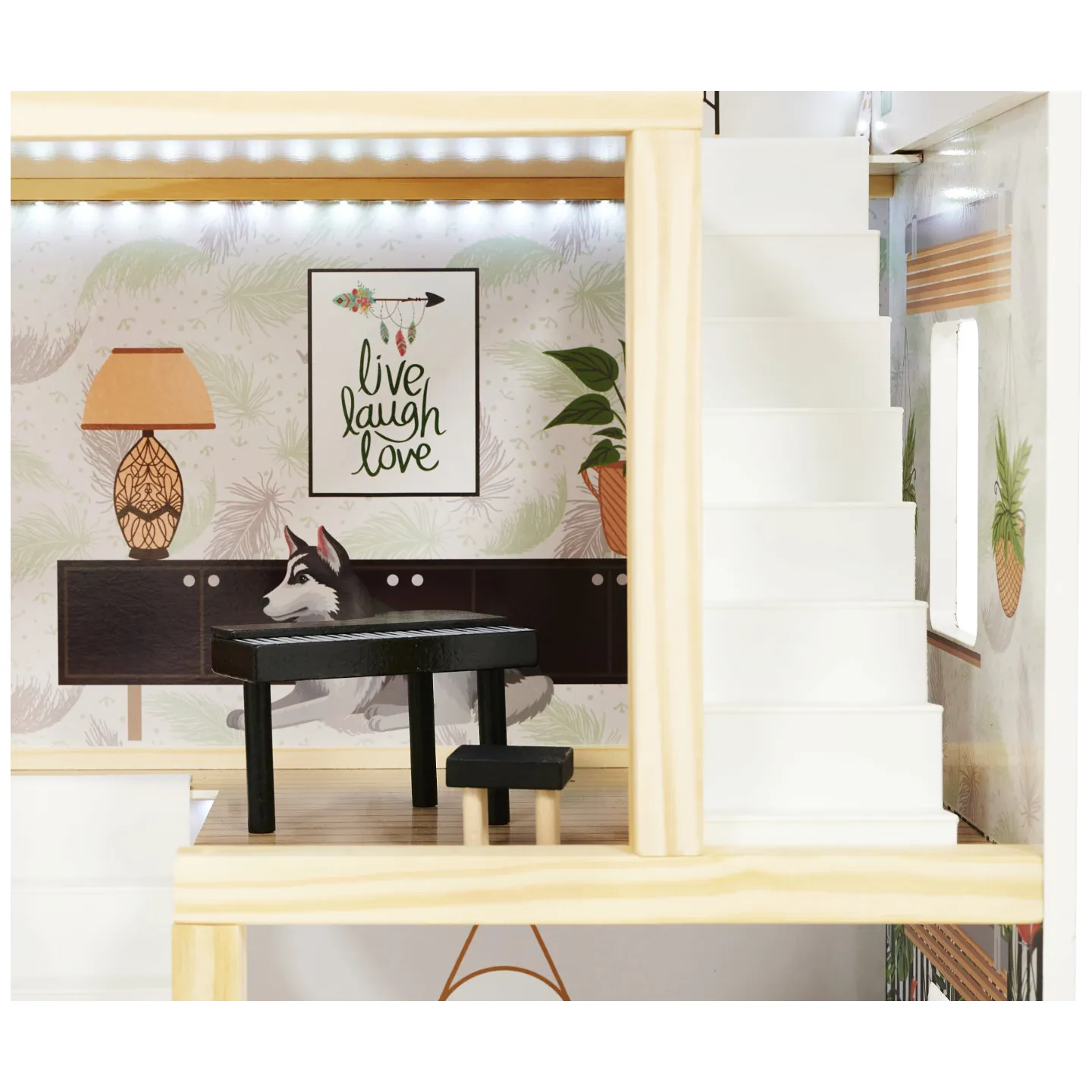 Drewniany domek dla lalek boho 3-piętrowy z oświetleniem LED 78 cm - obrazek 11