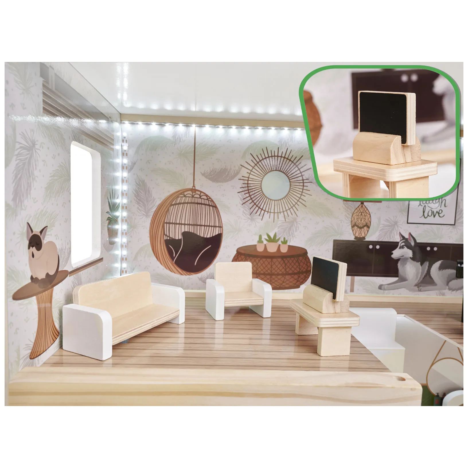 Drewniany domek dla lalek boho 3-piętrowy z oświetleniem LED 78 cm - obrazek 13