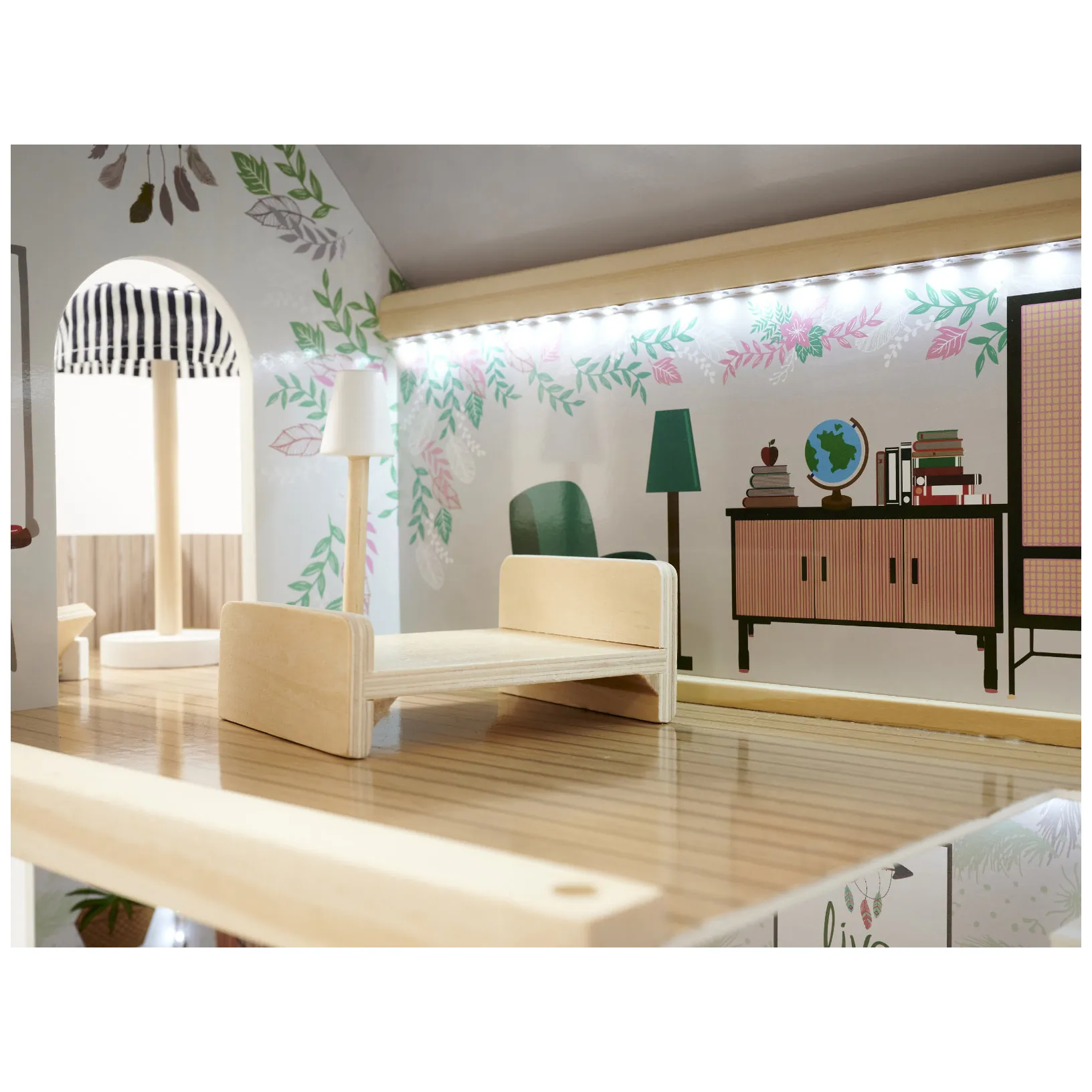 Drewniany domek dla lalek boho 3-piętrowy z oświetleniem LED 78 cm - obrazek 15