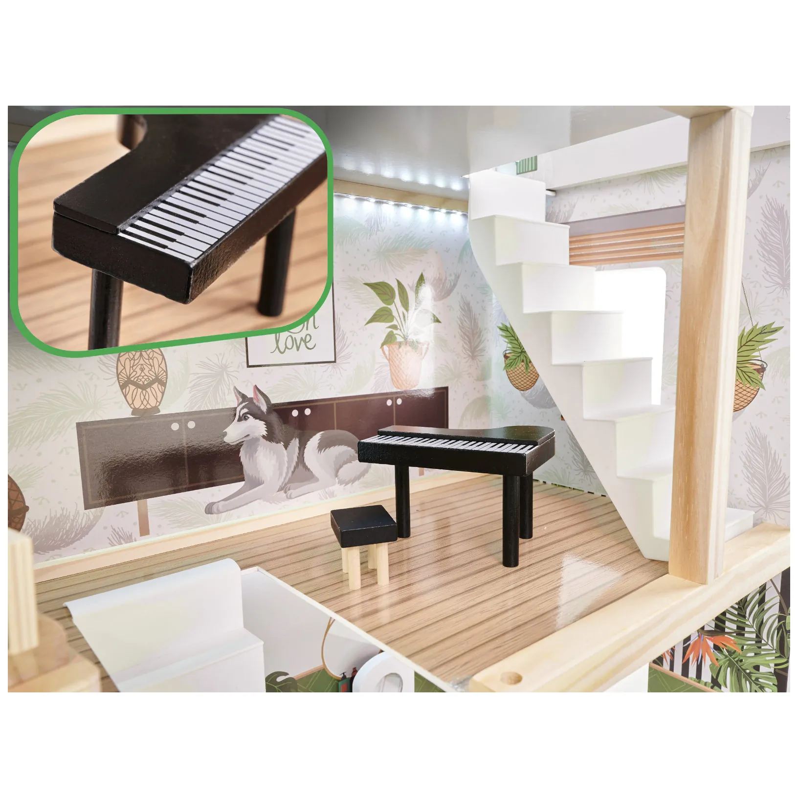 Drewniany domek dla lalek boho 3-piętrowy z oświetleniem LED 78 cm - obrazek 17