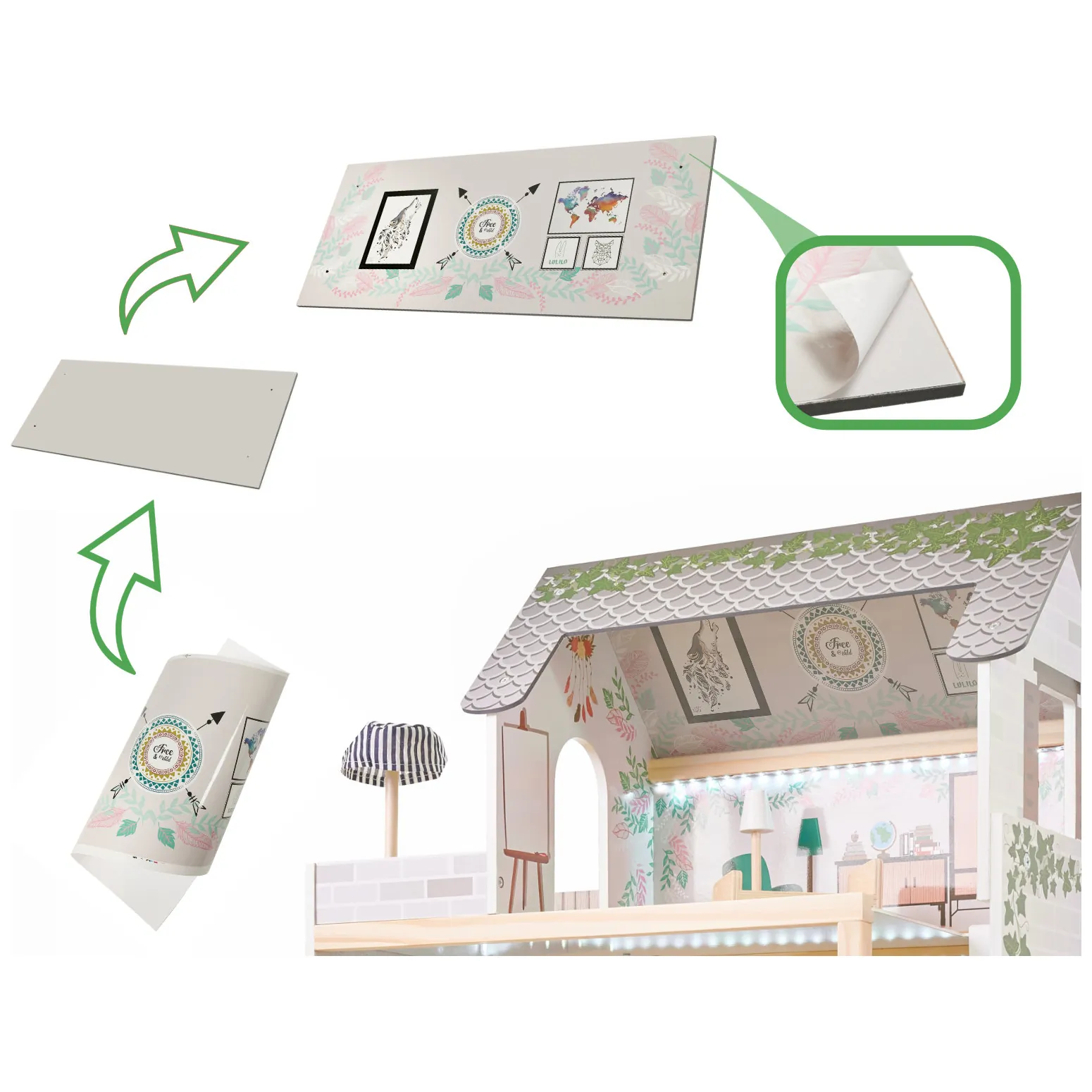 Drewniany domek dla lalek boho 3-piętrowy z oświetleniem LED 78 cm - obrazek 5