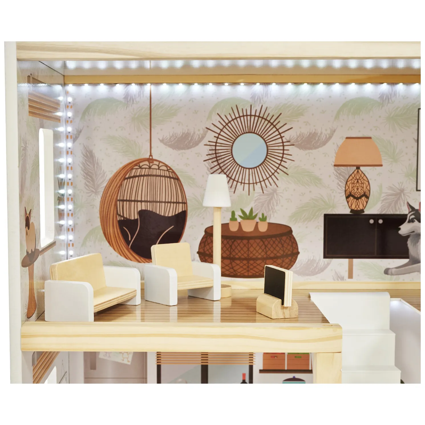 Drewniany domek dla lalek boho 3-piętrowy z oświetleniem LED 78 cm - obrazek 10