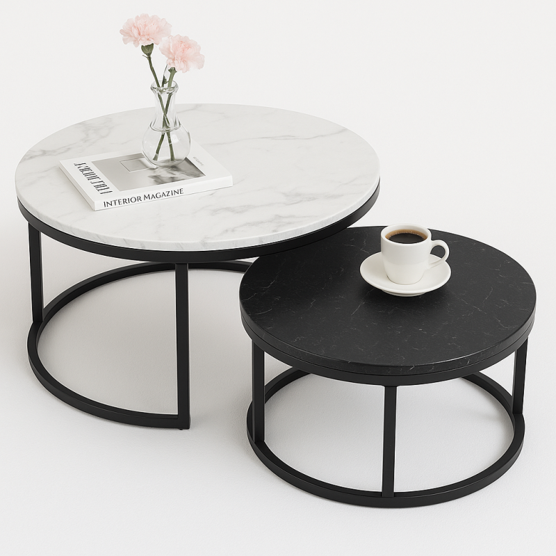 Zestaw okrągłych stolików kawowych 2w1 biało czarny marmur 60 i 80 cm STL14BCZ - obrazek 2