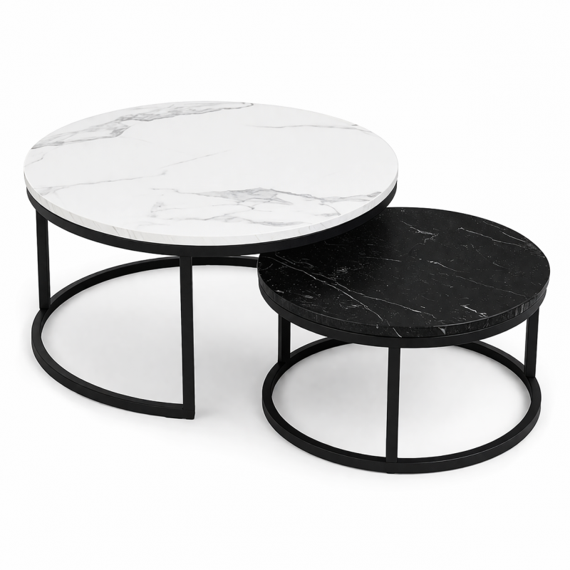 Zestaw okrągłych stolików kawowych 2w1 biało czarny marmur 60 i 80 cm STL14BCZ - obrazek 3