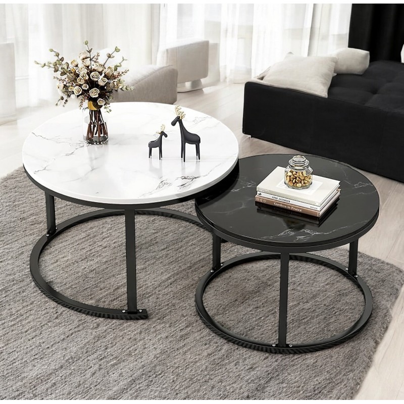 Zestaw okrągłych stolików kawowych 2w1 biało czarny marmur 60 i 80 cm STL14BCZ - obrazek 5