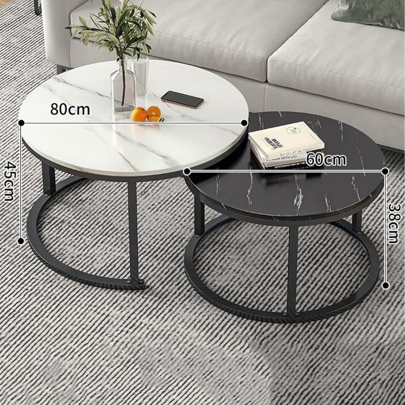 Zestaw okrągłych stolików kawowych 2w1 biało czarny marmur 60 i 80 cm STL14BCZ - obrazek 6