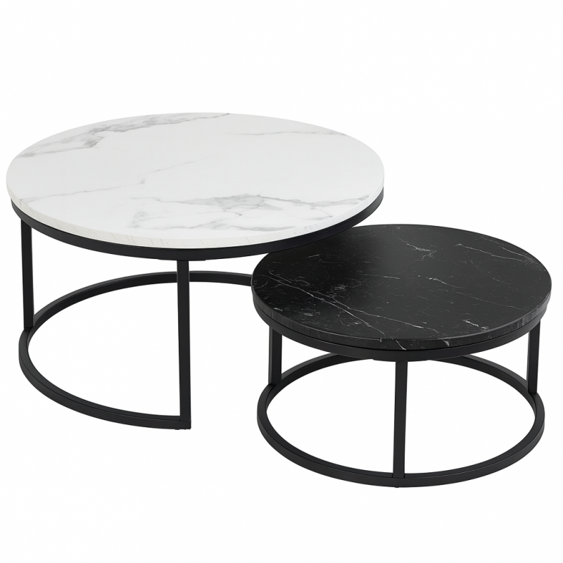 Zestaw okrągłych stolików kawowych 2w1 biało czarny marmur 60 i 80 cm STL14BCZ - obrazek 7
