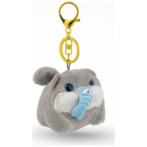 Szary brelok do kluczy z kotem łapiącym rybę, kręcony ogon, 15 cm
